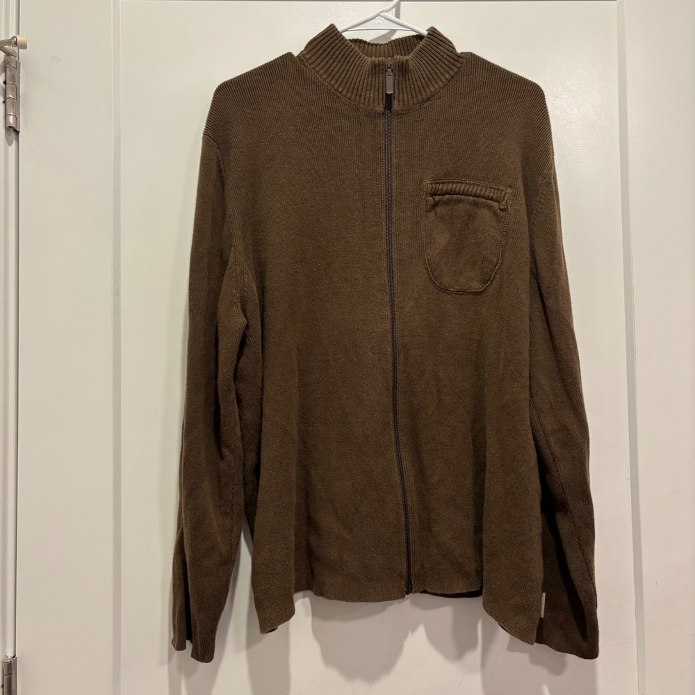 Woolrich Mens Full Zip Cardigan Sweater Brown Ramie Cotton Mock Neck Large 13026